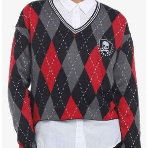 Skull Crest Argyle V-Neck Girls Sweater